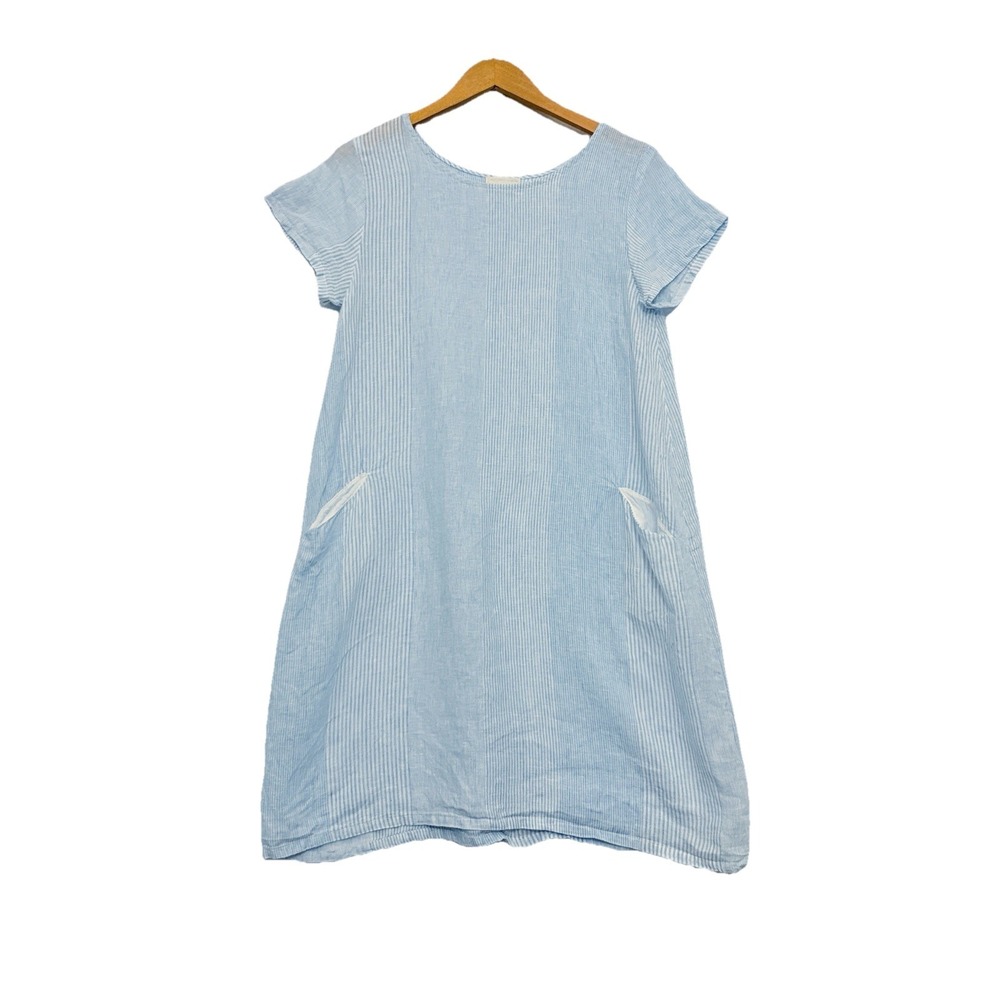 CP Shades 100% Linen Dress Small Cap Sleeve Mini Striped Boho Summer Resort